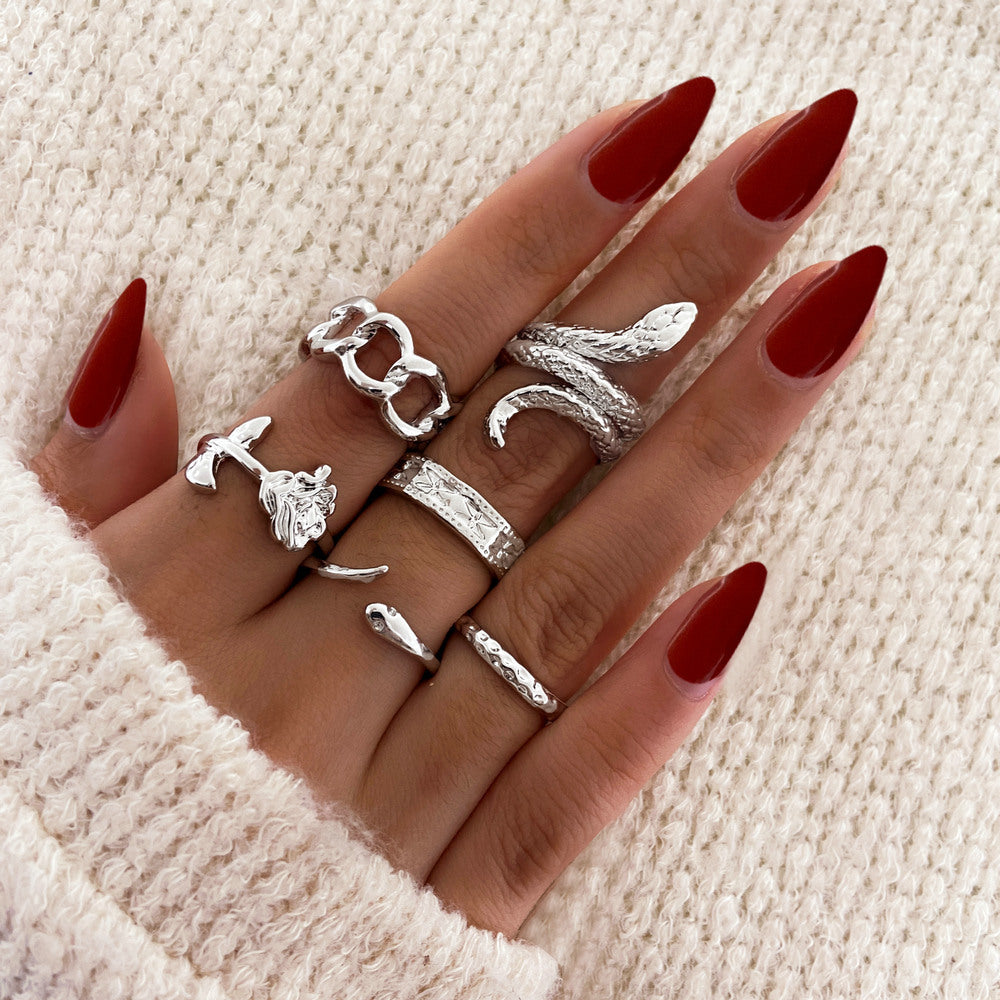 European And American Cross-Border New Metal Joint Ring Creative Personality Snake-Shaped Rose Chain Ring 6-Piece Set