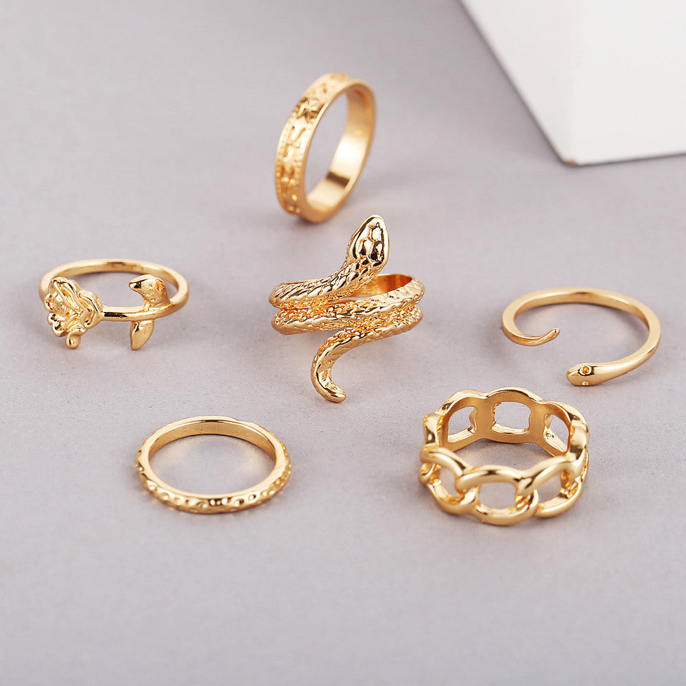 European And American Cross-Border New Metal Joint Ring Creative Personality Snake-Shaped Rose Chain Ring 6-Piece Set