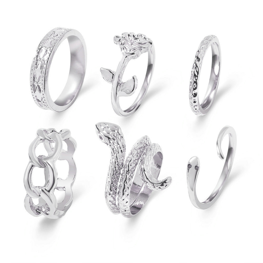 European And American Cross-Border New Metal Joint Ring Creative Personality Snake-Shaped Rose Chain Ring 6-Piece Set