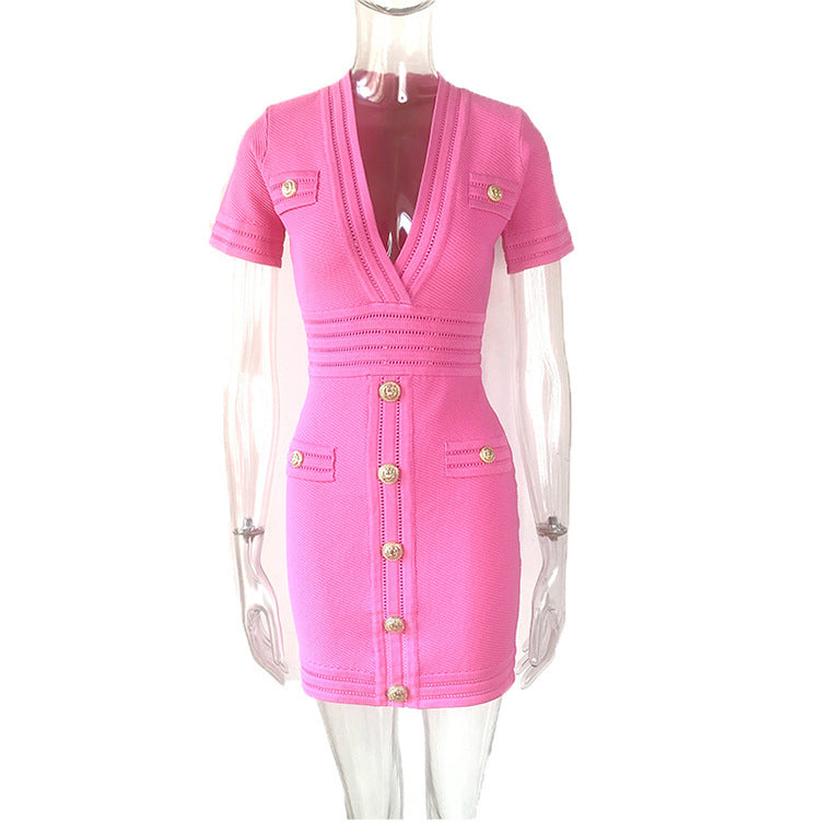 High Waist Skirt V-neck Rivet Button Hip Dress