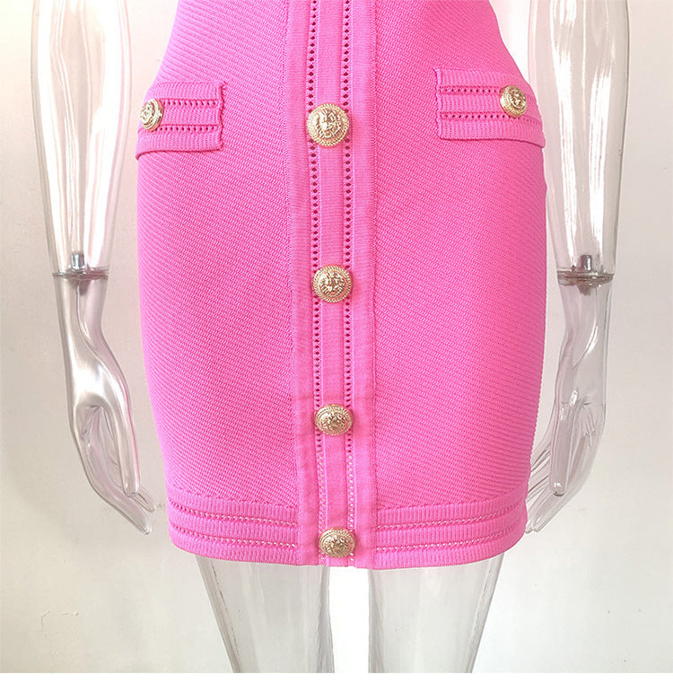 High Waist Skirt V-neck Rivet Button Hip Dress