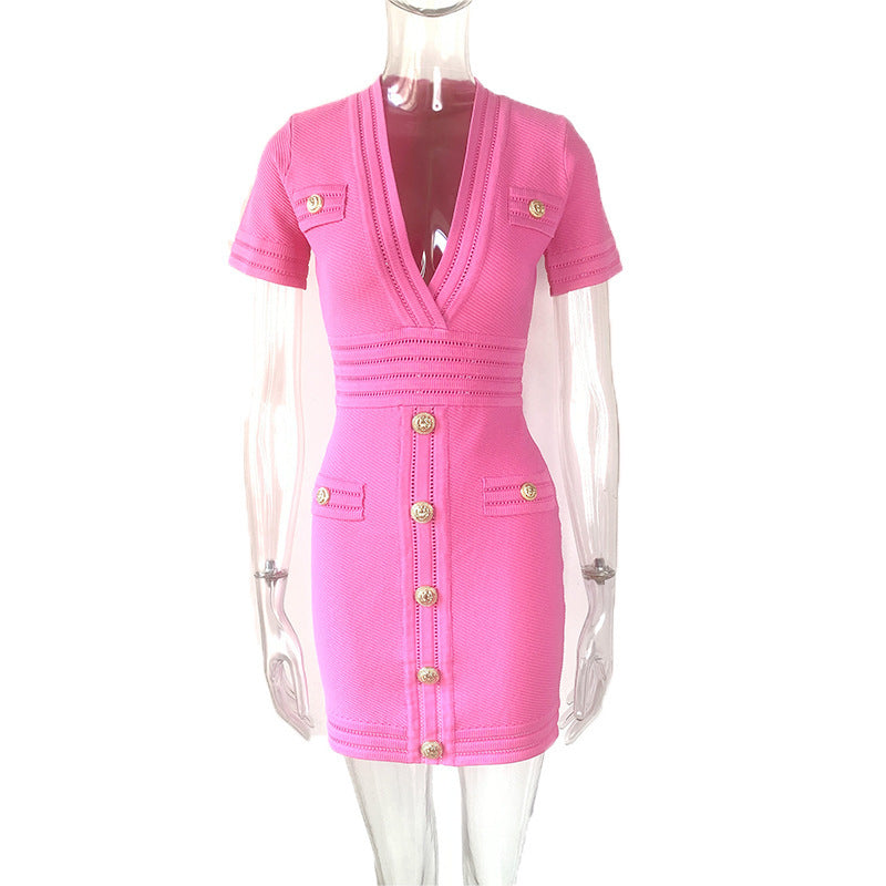 High Waist Skirt V-neck Rivet Button Hip Dress