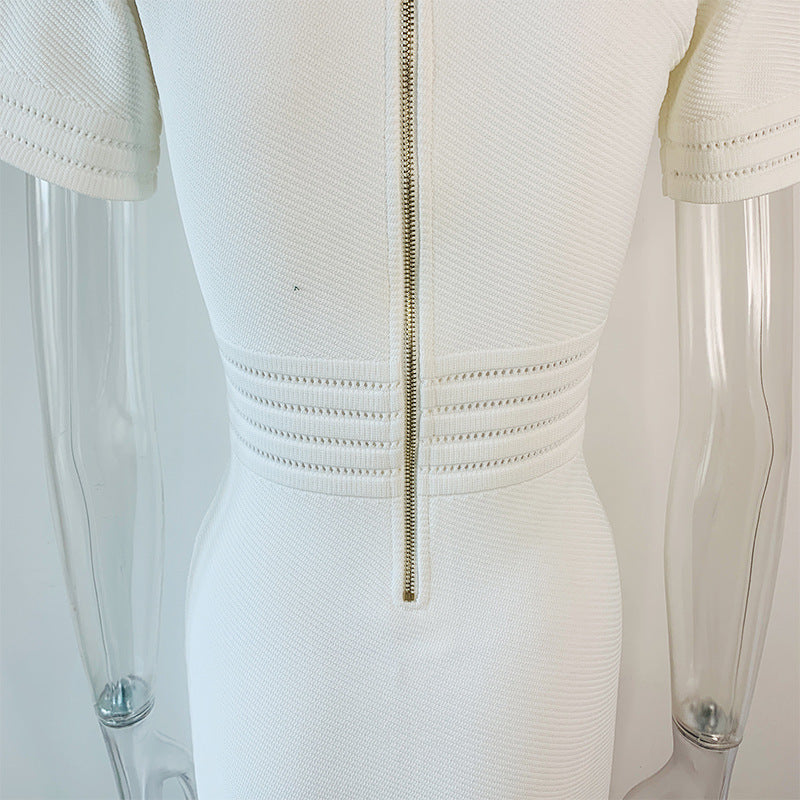 Robe courte blanche moulante taille haute, style décontracté, manches courtes, tricotée, sac d'été, jupe hanche