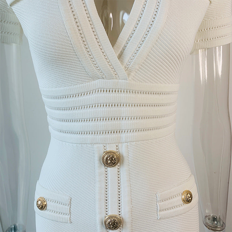 Robe courte blanche moulante taille haute, style décontracté, manches courtes, tricotée, sac d'été, jupe hanche