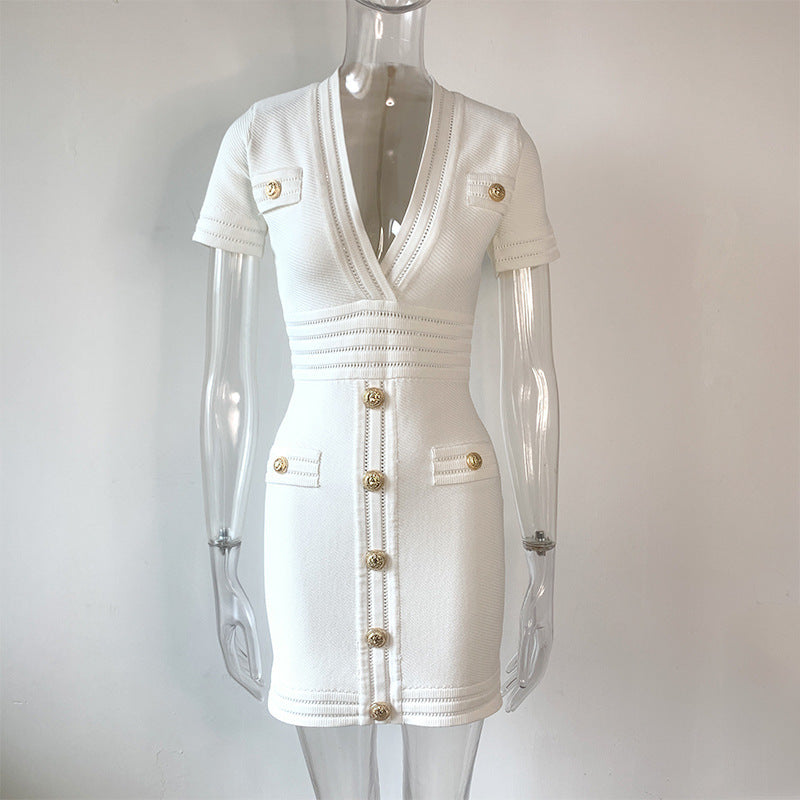 Robe courte blanche moulante taille haute, style décontracté, manches courtes, tricotée, sac d'été, jupe hanche