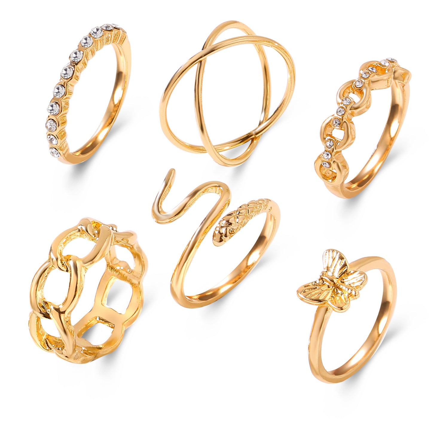 European And American Cross-Border New Metal Joint Ring Creative Personality Snake-Shaped Rose Chain Ring 6-Piece Set