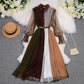 Fashion Mesh Stitching Dress Lapel Temperament Self Cultivation Hit Color Long Skirt