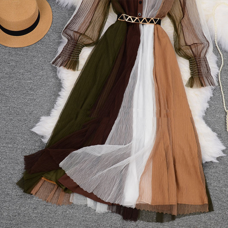 Fashion Mesh Stitching Dress Lapel Temperament Self Cultivation Hit Color Long Skirt