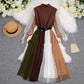 Fashion Mesh Stitching Dress Lapel Temperament Self Cultivation Hit Color Long Skirt