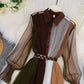 Fashion Mesh Stitching Dress Lapel Temperament Self Cultivation Hit Color Long Skirt