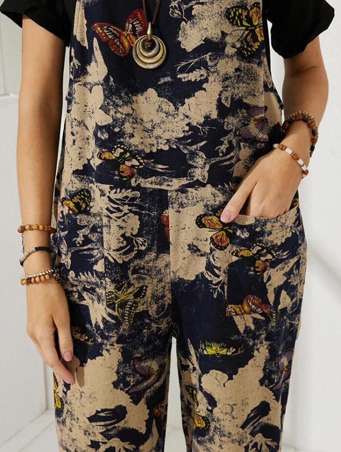 Vintage Butterfly Print Button Pocket Jumpsuit