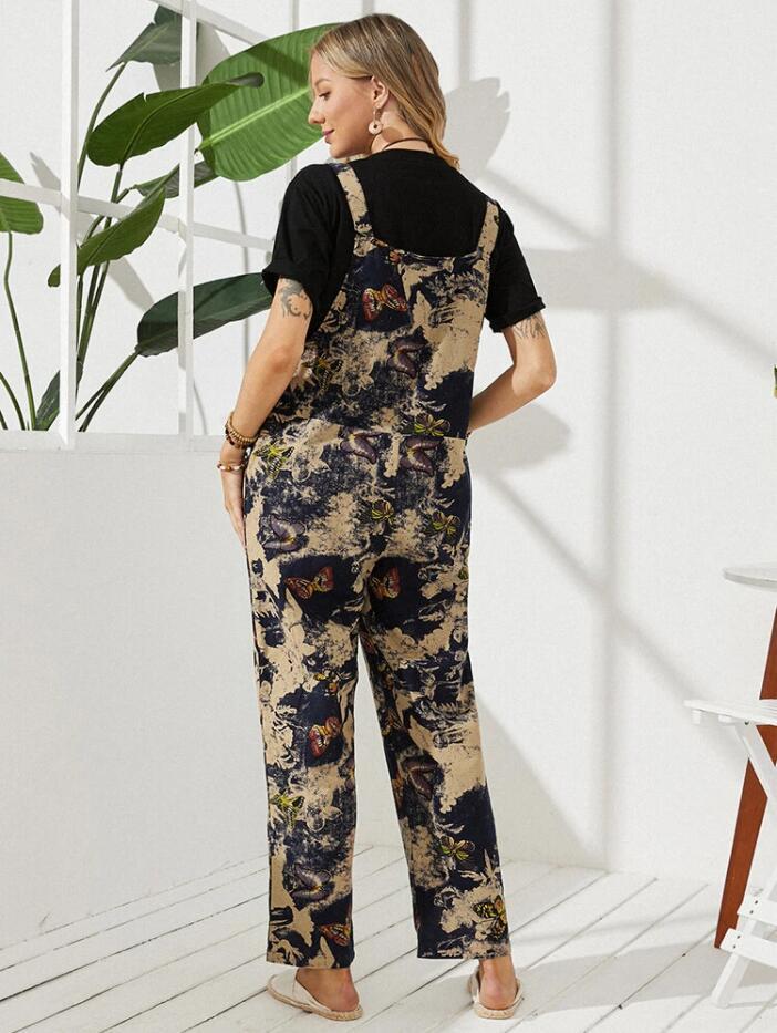 Vintage Butterfly Print Button Pocket Jumpsuit