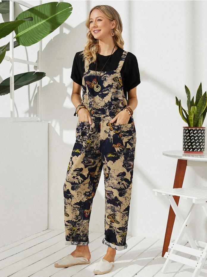 Vintage Butterfly Print Button Pocket Jumpsuit