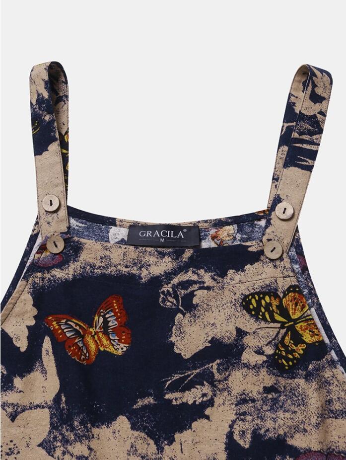 Vintage Butterfly Print Button Pocket Jumpsuit