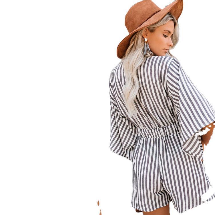 High Waist Printed Striped V-Neck Short-Sleeved Jumpsuit