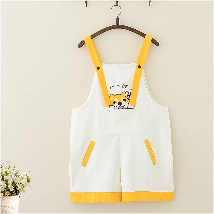 Puppy Embroidered Overalls Shorts Students