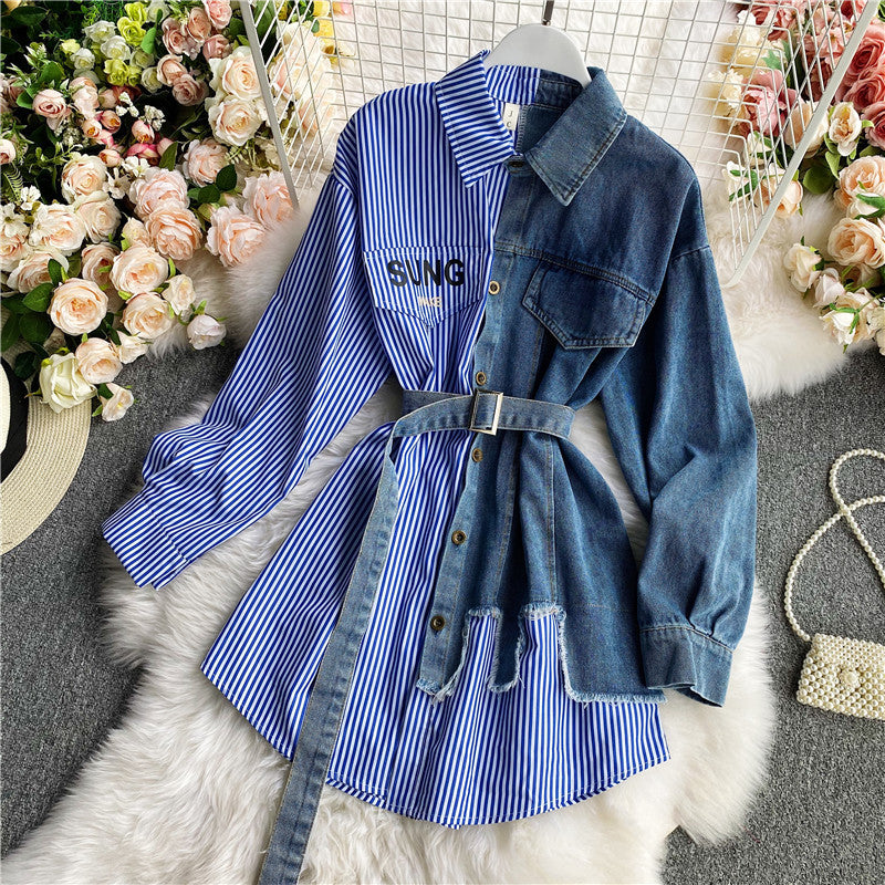 Women's Long-sleeved Denim Stitching Dress