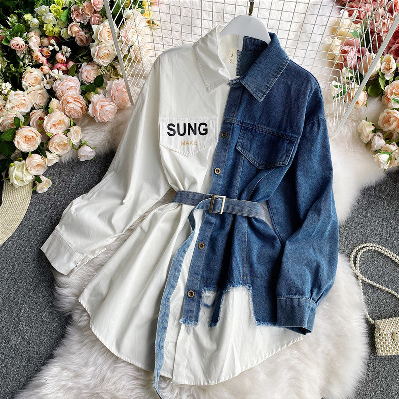 Women's Long-sleeved Denim Stitching Dress