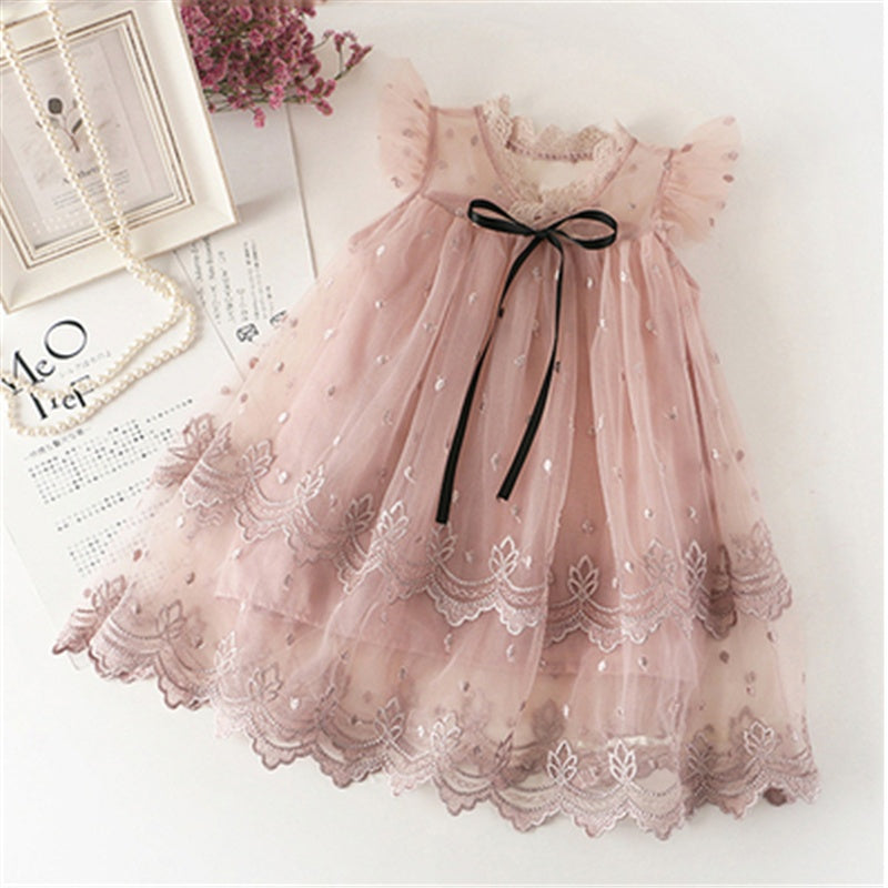 Girls French Puff Sleeve Dot Princess Dress