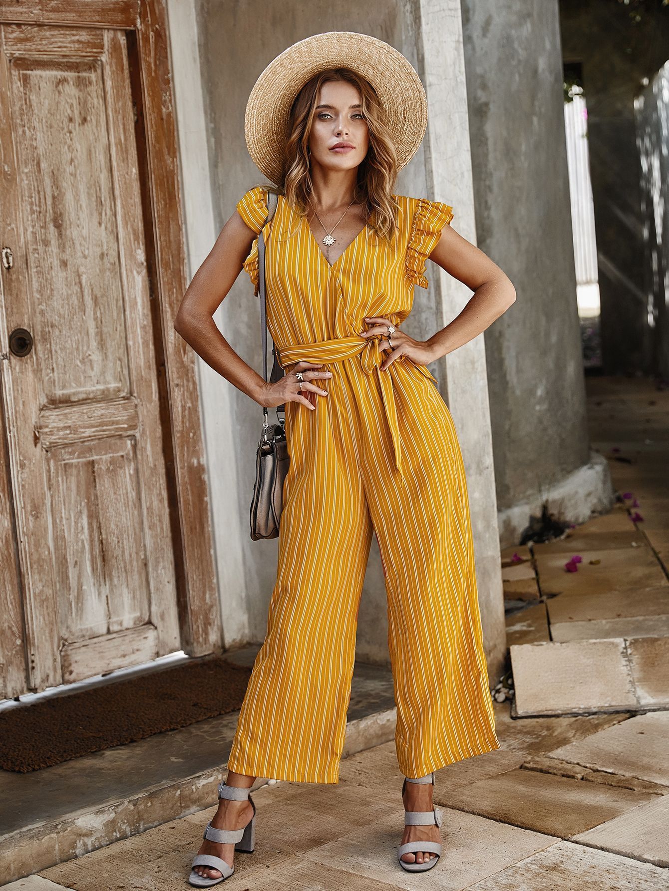 Temperament Striped Jumpsuit With Lotus Leaf Sleeve Casual Pants
