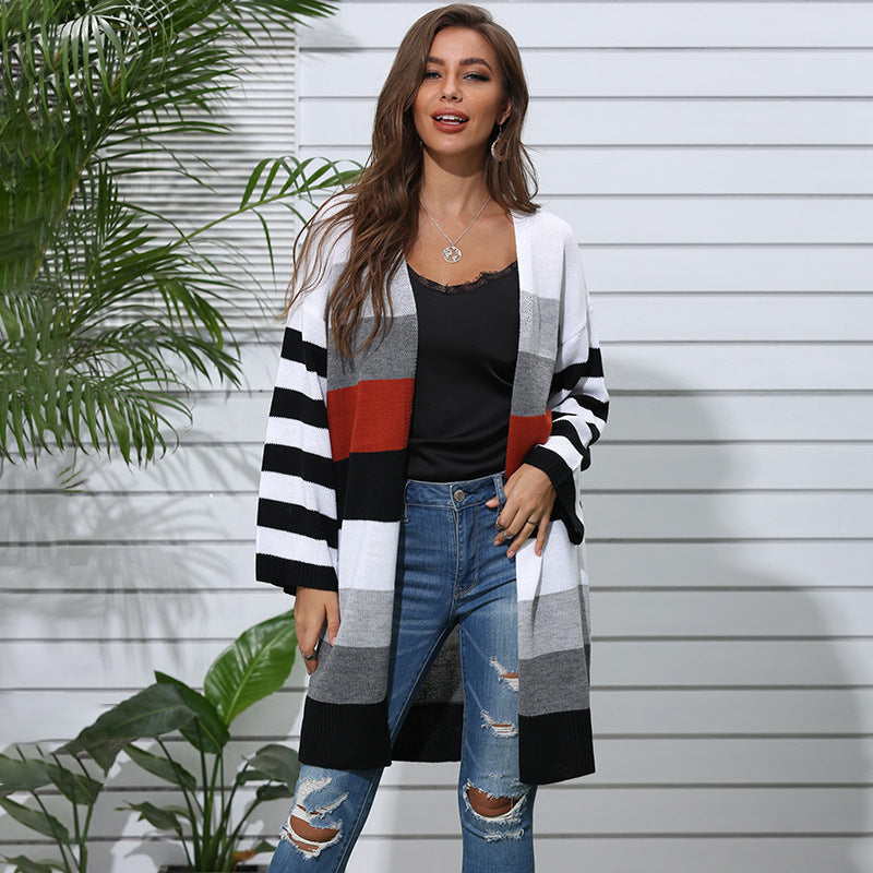 Long Striped Stitching Contrast Sweater Cardigan
