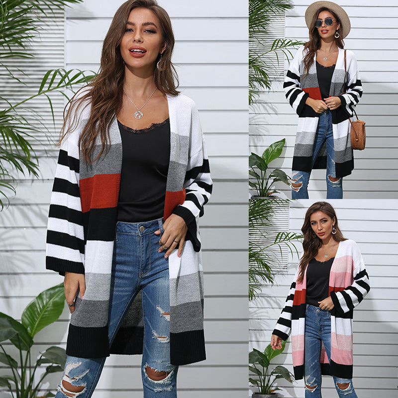 Long Striped Stitching Contrast Sweater Cardigan