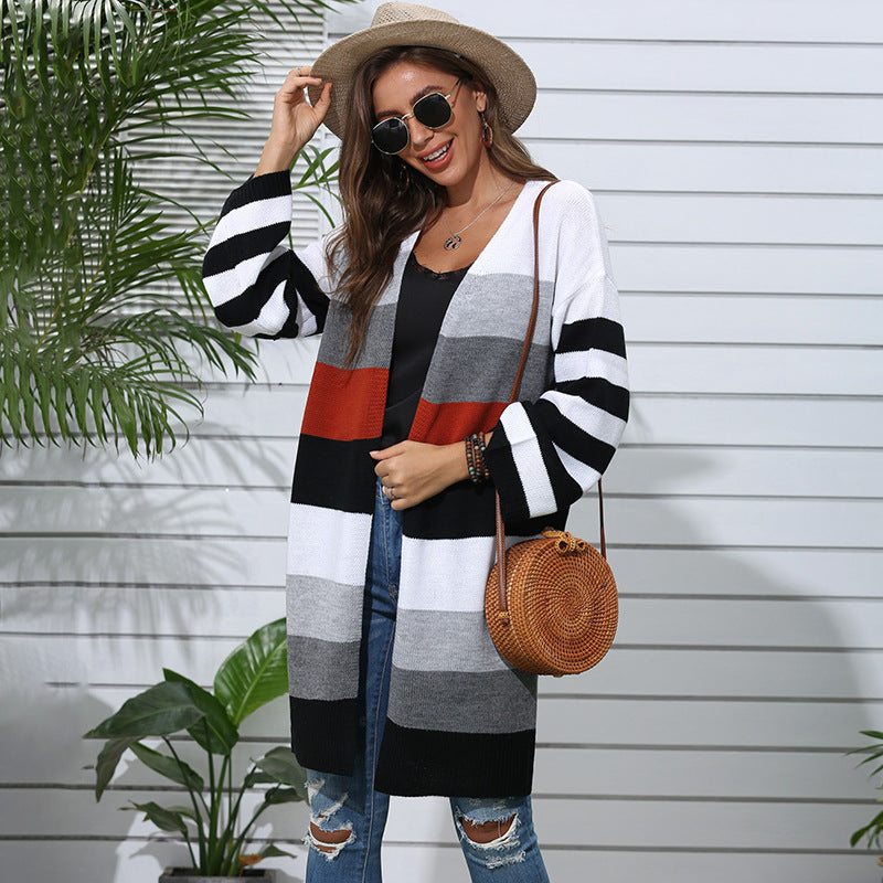 Long Striped Stitching Contrast Sweater Cardigan