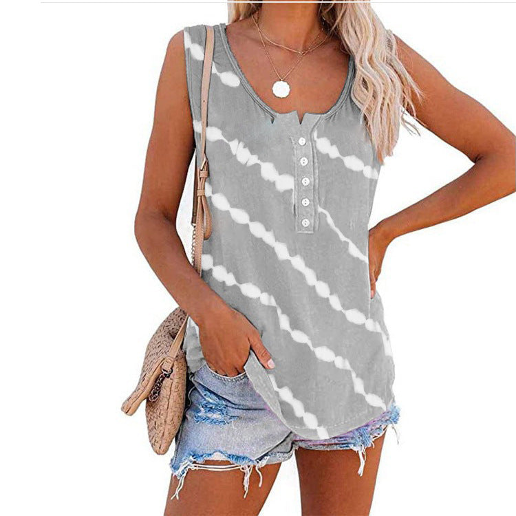 Women's Casual Round Neck Diagonal Stripe Neckline Button Sleeveless T Shirt Vest