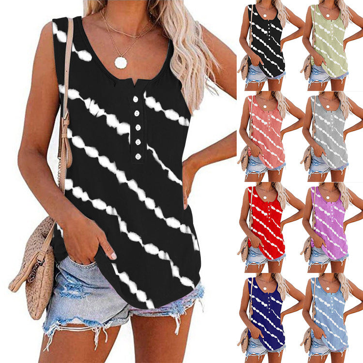 Women's Casual Round Neck Diagonal Stripe Neckline Button Sleeveless T Shirt Vest