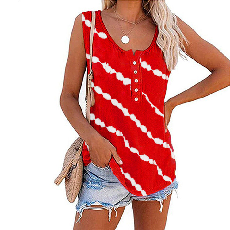 Women's Casual Round Neck Diagonal Stripe Neckline Button Sleeveless T Shirt Vest