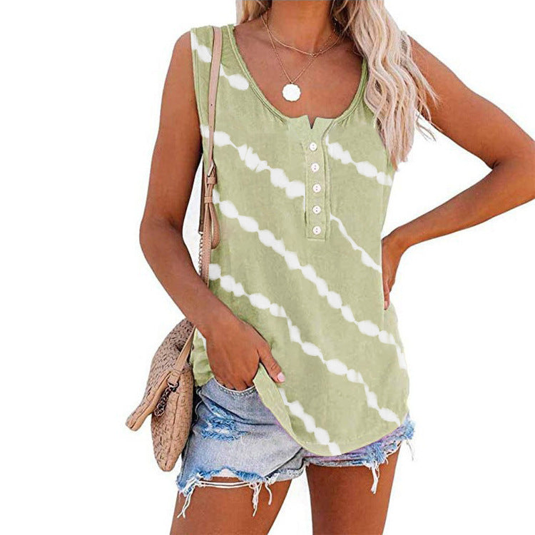 Women's Casual Round Neck Diagonal Stripe Neckline Button Sleeveless T Shirt Vest