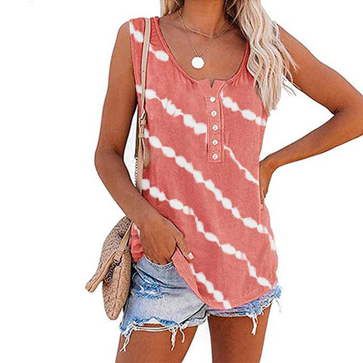 Women's Casual Round Neck Diagonal Stripe Neckline Button Sleeveless T Shirt Vest