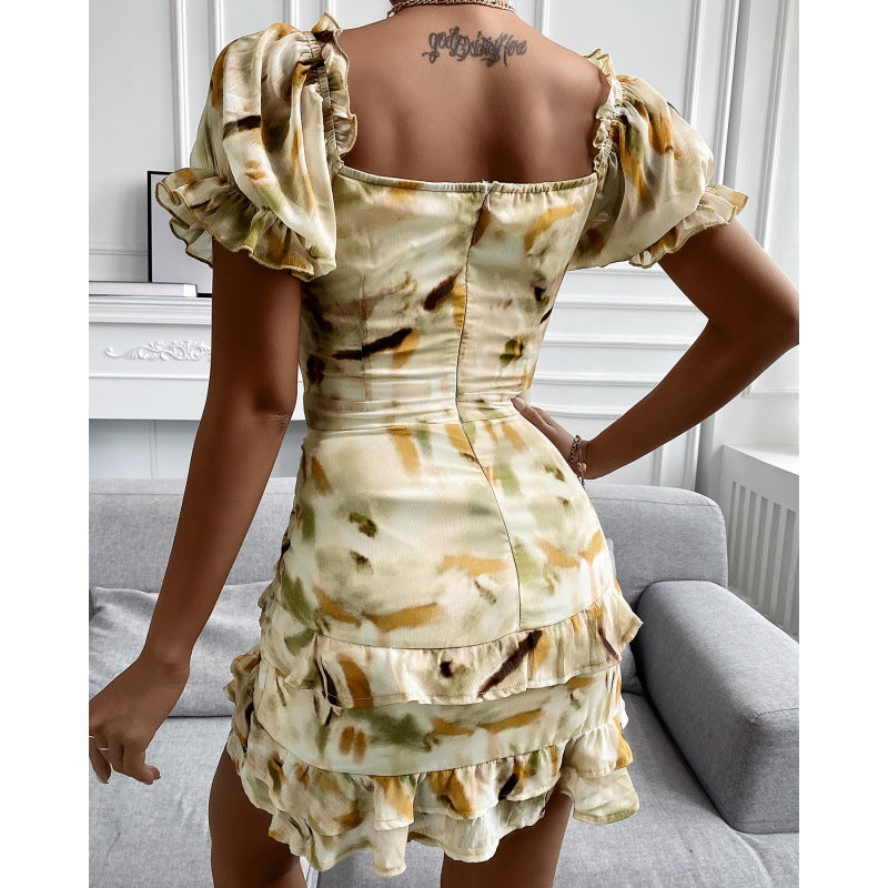 Robe d'été à manches bouffantes et cordon de serrage pour femme