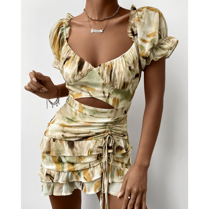 Robe d'été à manches bouffantes et cordon de serrage pour femme