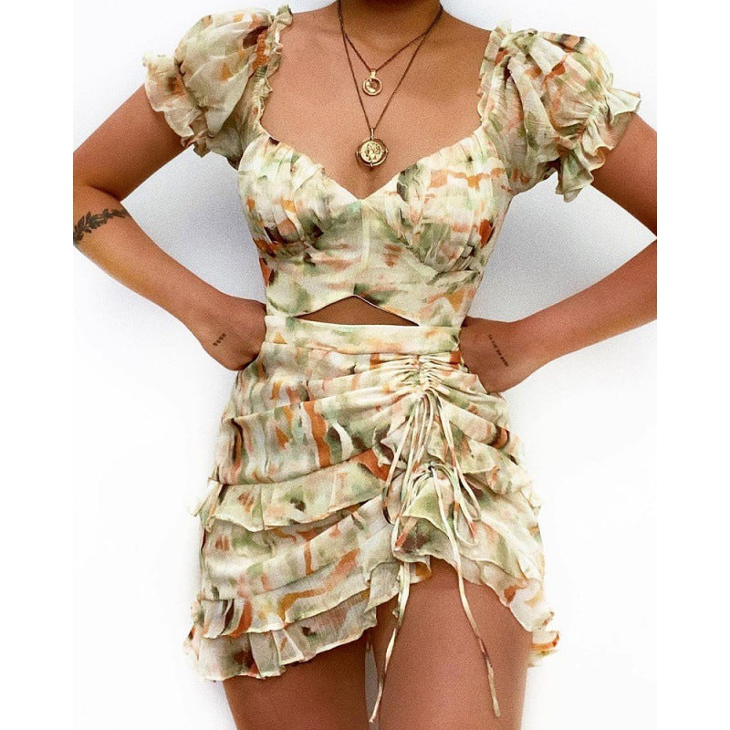 Robe d'été à manches bouffantes et cordon de serrage pour femme