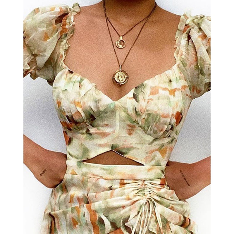 Robe d'été à manches bouffantes et cordon de serrage pour femme