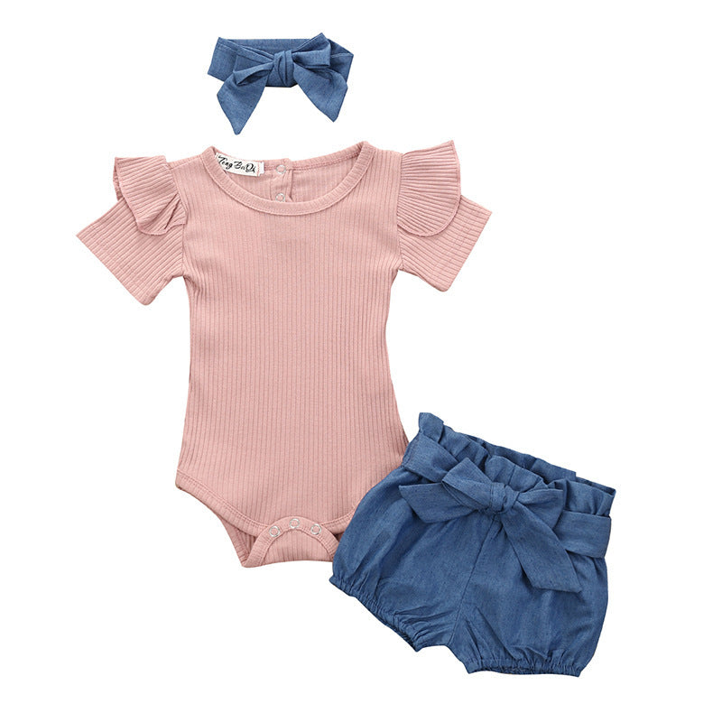 Completo Ricamato A Manica Corta Per Bambina