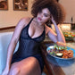 Black Striped Mesh See-through Mini Dress Women