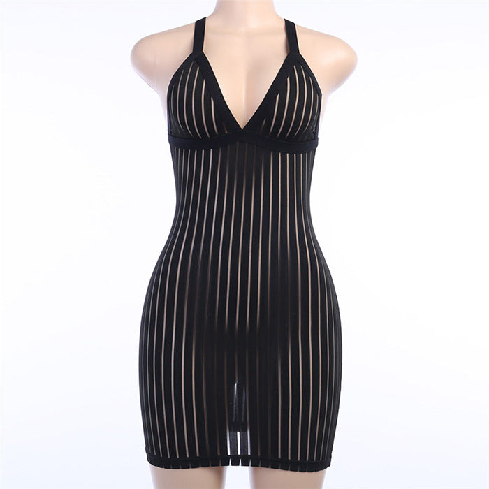 Black Striped Mesh See-through Mini Dress Women