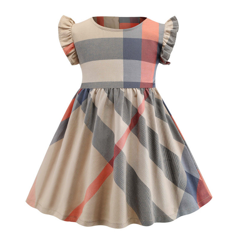 Vente en gros de vêtements pour enfants, nouveaux produits, col rond, petites manches volantées, robe plissée en coton pour enfants et filles
