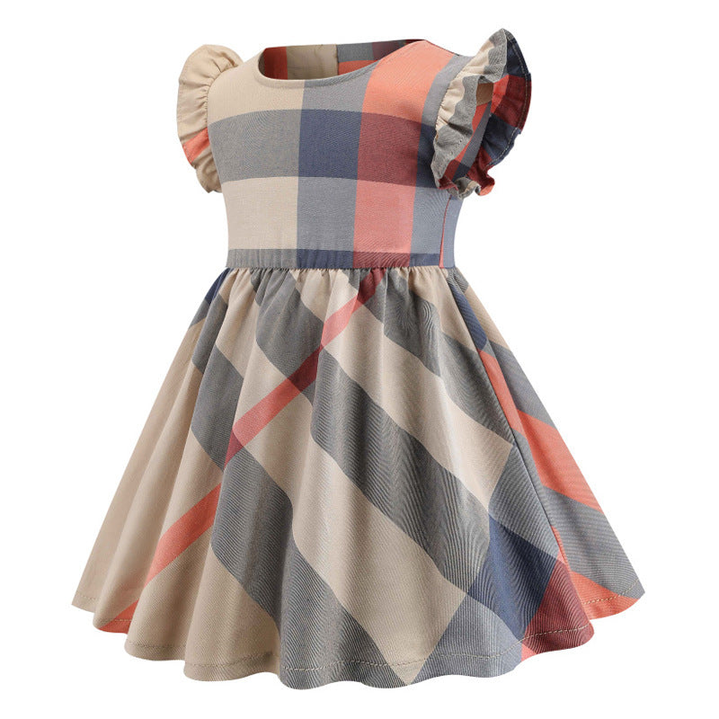 Vente en gros de vêtements pour enfants, nouveaux produits, col rond, petites manches volantées, robe plissée en coton pour enfants et filles
