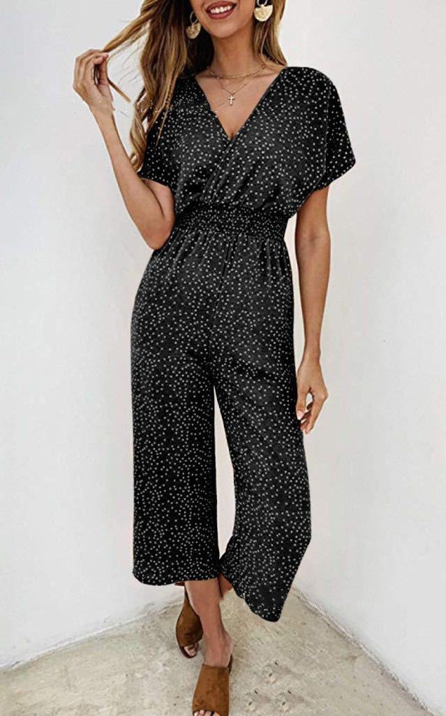 Women's printed V-neck pocket overalls