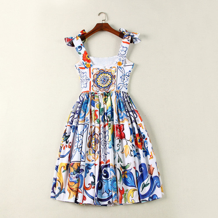 New Women's Printed Dress With Big Swing Temperament Waist Waist Trend Suspender Dress