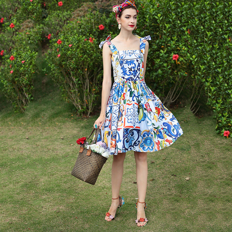 New Women's Printed Dress With Big Swing Temperament Waist Waist Trend Suspender Dress