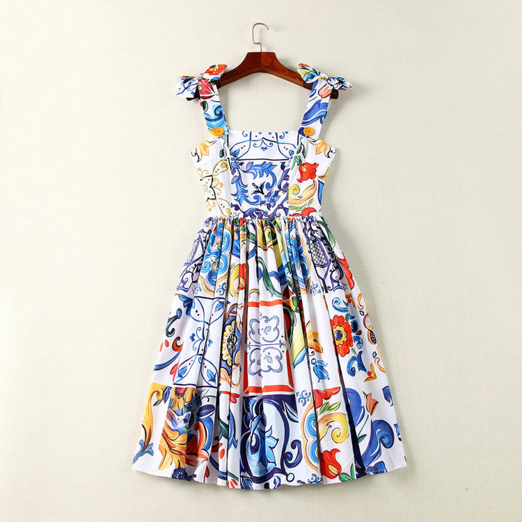 New Women's Printed Dress With Big Swing Temperament Waist Waist Trend Suspender Dress