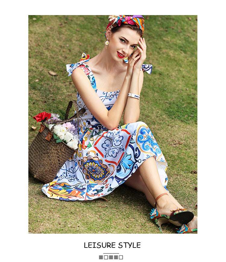 New Women's Printed Dress With Big Swing Temperament Waist Waist Trend Suspender Dress