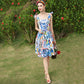 New Women's Printed Dress With Big Swing Temperament Waist Waist Trend Suspender Dress
