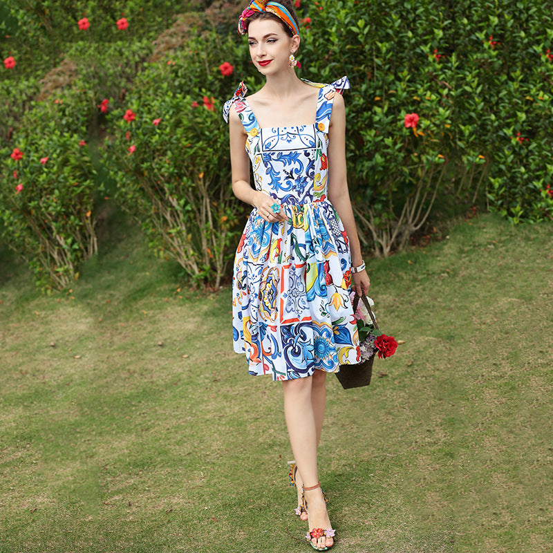 New Women's Printed Dress With Big Swing Temperament Waist Waist Trend Suspender Dress
