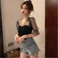 Mesh Stitching Design Sense Fashion Knit Sweater Top Black T-shirt Women