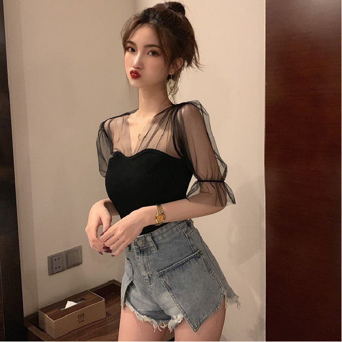Mesh Stitching Design Sense Fashion Knit Sweater Top Black T-shirt Women